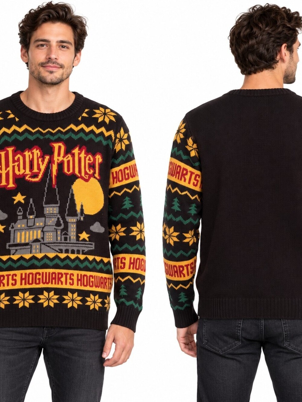Harry Potter Hogwarts Castle Christmas Knit Sweater Large Dark Brown Pullover